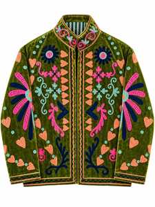 <b>Women's</b> Olive Green <b>Velvet</b> Embroidered Bomber Jacket Multicolor Solid Long Sleeve Stand Collar Artisan Fashion B2B Export Cotton - Product Image 5