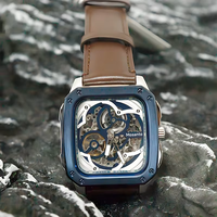 Nouvelle arrivée, montre mécanique squelette, cadran bleu carré, aiguilles lumineuses, bracelet en cuir, montre-bracelet pour homme