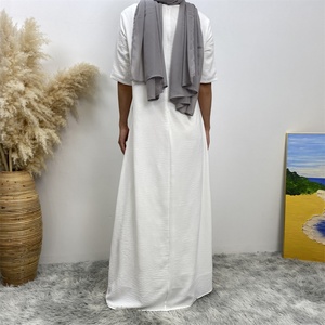 6722# White Short Sleeves Wrinkle Crepe slip Dress Solid Color Modesty Inner Dresses With Chiffon Lining - Product Image 4