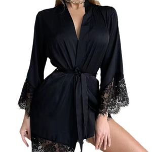 Nouveaux pyjamas sexy en dentelle de soie artificielle, style européen et américain, à manches longues, vêtements de détente, simples, confortables, décontractés - Product Image 5