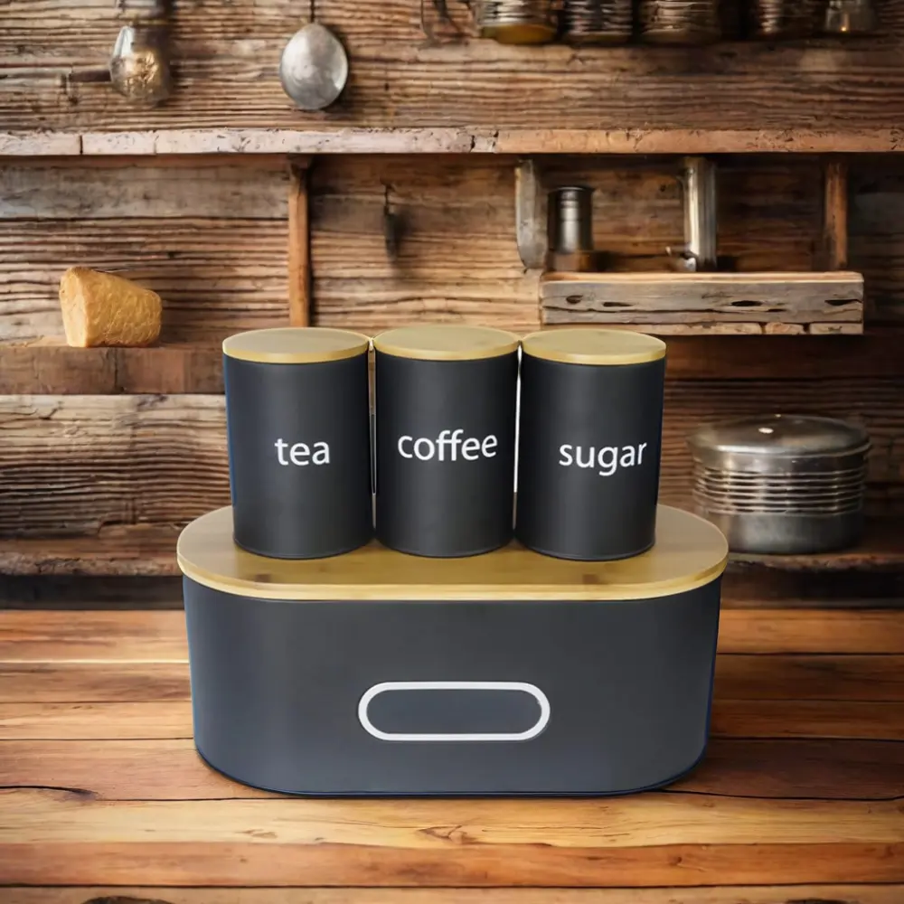 Modern 3Pcs Metal Bread Box Coffee Sugar Tea Canister Kitchen Canisters Set Bamboo Lid Countertop Kitchen Storage Bin