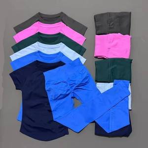 2 Piece Set <b>Women</b> Longline Short Sleeve Gym Crop Top High Waist Yoga <b>Leggings</b> Workout Sports Suit Fitness Clothes - Product Image 1