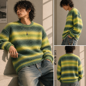 <span class=keywords><strong>Pull</strong></span> en mohair rayé 7GG pour homme, col rond brossé et duveteux, coupe ample, style grunge streetwear, vêtement tricoté rétro - Product Image 1