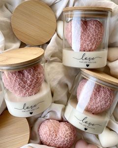 Glass Jar Bamboo Lid Rose Heart Scented Soy Wax Candle 3D Sculpted Aromatherapy Valentine Home Decor Gift - Product Image 2