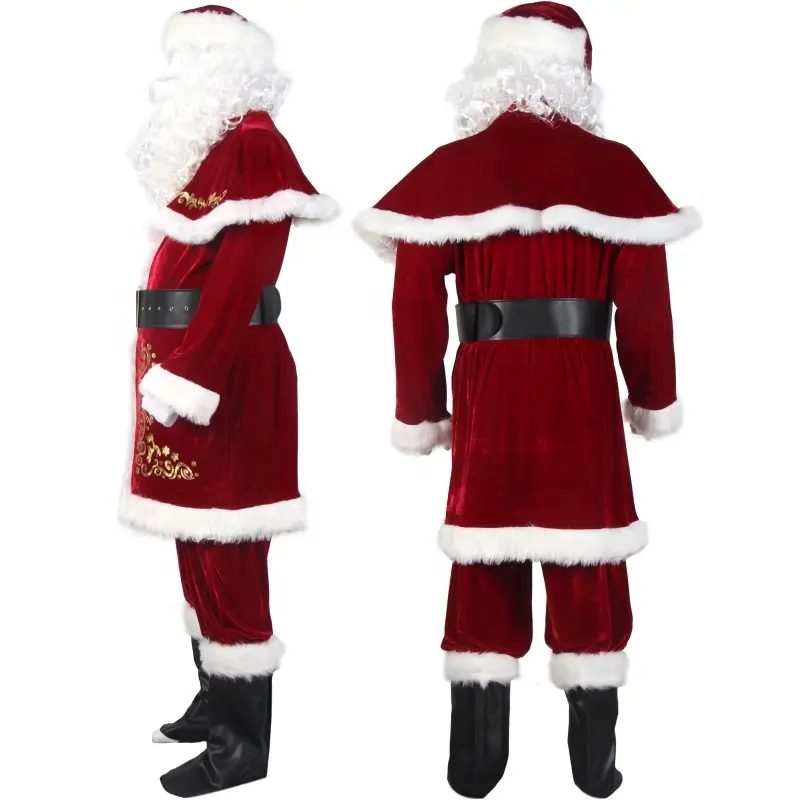 Conjunto de 12 peças de fantasia de Papai Noel para homens, chapéu de Natal com xale, calças com cinto, botas e peruca de barba e com luvas