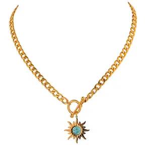 JINYOU 1289 Fashion Sun Flower Pendant 18K Gold Plated 316 Stainless Steel Thick Link Chain Necklace for Women Jewelry