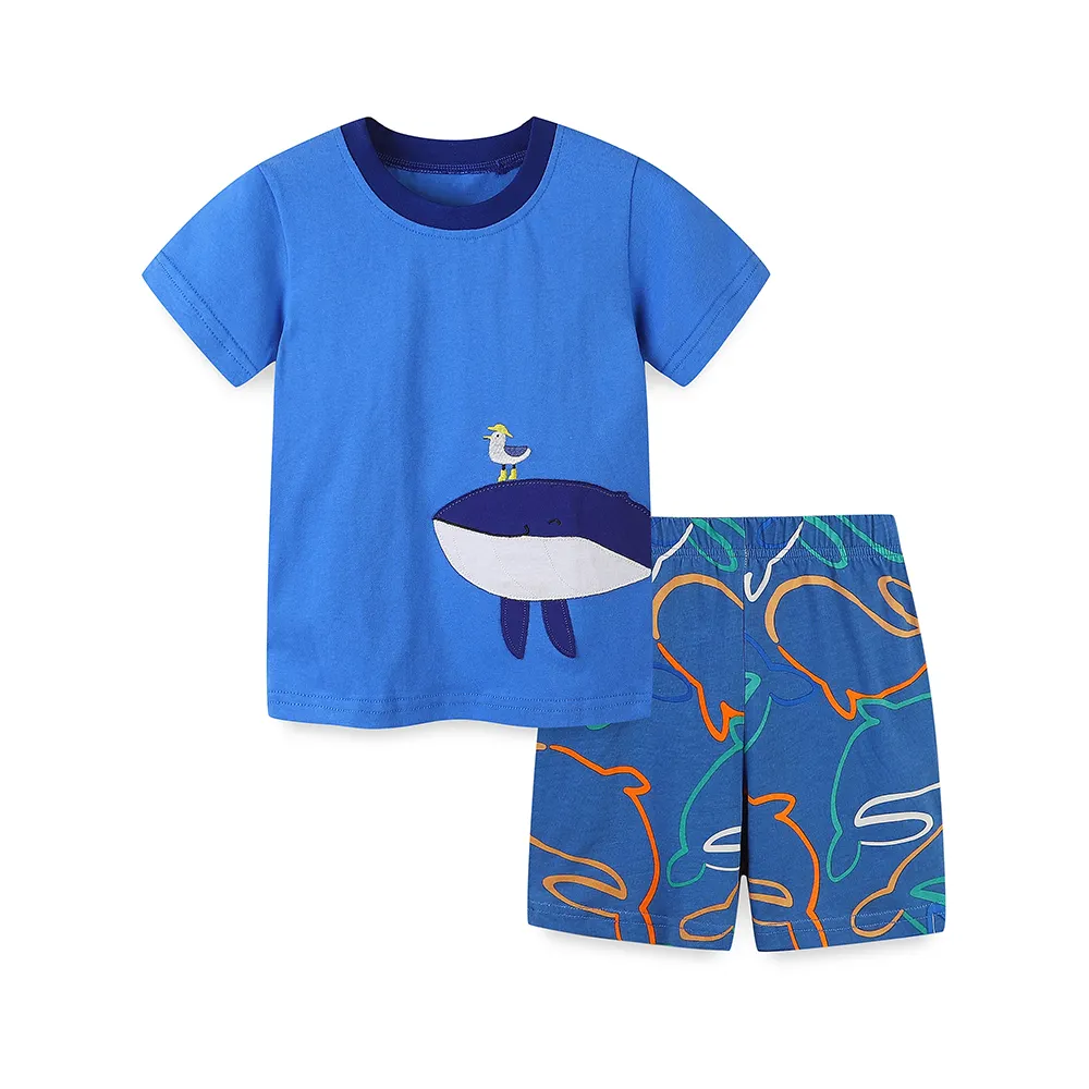 Fashionable Summer Wholesale Boutique Blue Sea Duck Whale Print Pants Casual Short Children'Clothing Boys Sets
