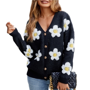 Cardigan tricoté décontracté pour femme, col en V, motif floral 3D, collection automne-hiver explosive, tendance - Product Image 1