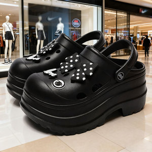 White Thick Sole Clogs <b>With</b> Black Polka Dot <b>Bow</b> Women's Fashion Summer <b>Shoes</b> 9cm Heel Height Crocs Style - Product Image 3