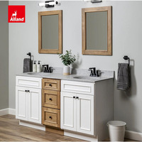 Meuble-lavabo de salle de bain en bois massif Alland Custom, bicolore, en bois de bouleau teinté blanc, avec miroir encadré en bois