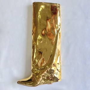 Bright Patent Overlay Knee High <b>Boots</b> Women Metallic Wedge Heels Shoes Folded Over Upper Pointed Toe Gold Booties - Product Image 2