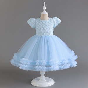 Children's Princess Dress Sky Blue Tulle A-Line O-Neck Flower Girl Dress With 3D Rose Mesh Tutu Skirt - Product Image 1
