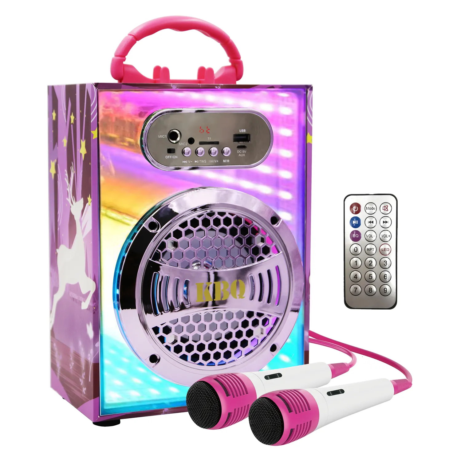 Drop Shipping Mini Portabel Mesin Karaoke Anak Suara Surround 3D 2 Mikrofon Nirkabel