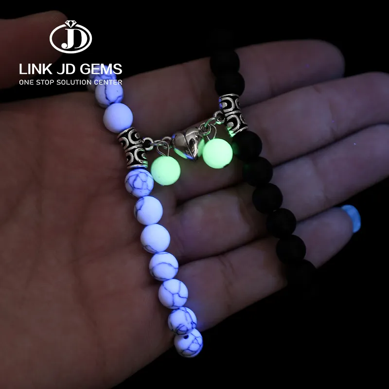 Ensemble de 2 pièces de Bracelets lumineux pour Couple amoureux, cœur romantique, perles de pierre naturelle, aimant, cadeau de saint-valentin