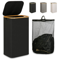 Grand panier à linge noir de 100 L avec couvercle en bambou, doublure en maille amovible, panier à linge pliable, design gain de place