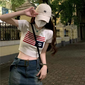 Nouveau T-shirt court tricoté rayé Spice Girls été 2024 pour femme, taille haute amincissante, polyvalent, style Ins - Product Image 3