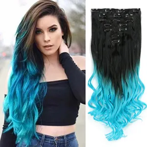 Extensão de cabelo longo ondulado com 16 clipes, 7 peças, conjunto de 7 cores gradiente dupla, cabelo sintético resistente ao calor natural feminino de 22 polegadas