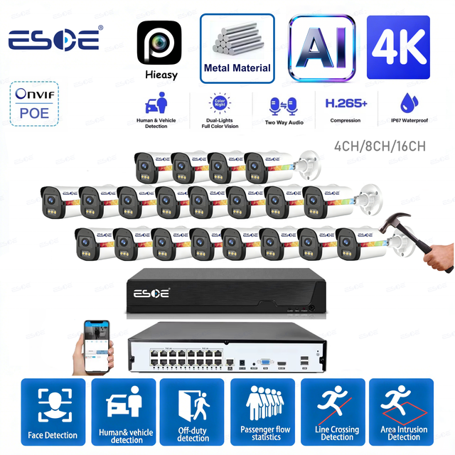 Exclusive New Model 4/8/16CH 4K IP Metal Cameras Set Two Way Audio Dual Lights Bullet CCTV Camera IP67 Waterproof AI POE NVR Kit