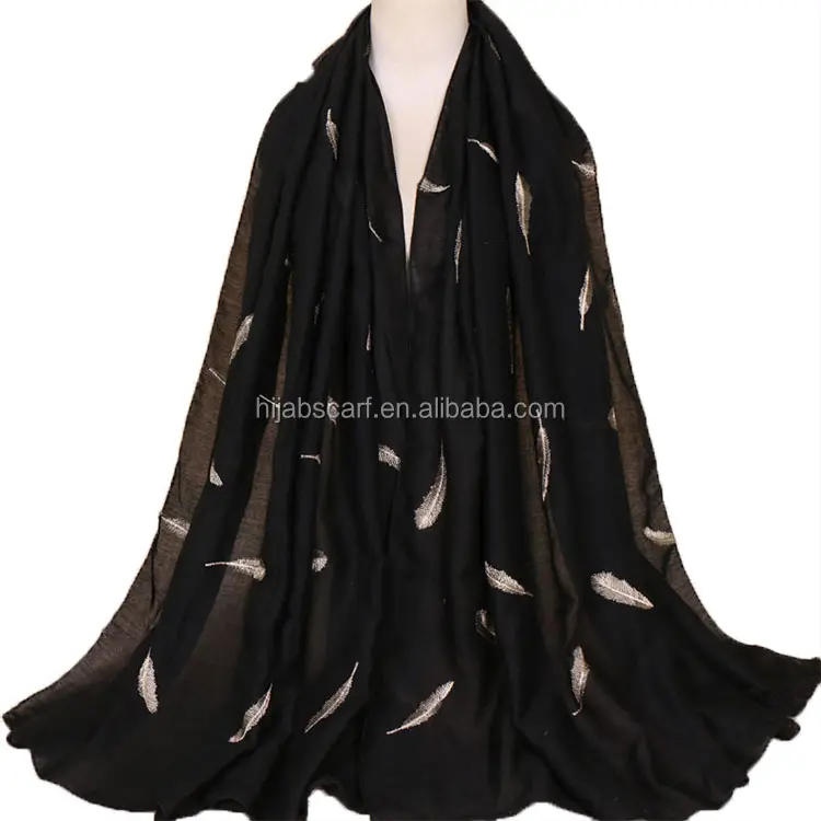 Hijab musulman pour femme, écharpe à paillettes, châles en plumes avec broderie, en coton, grande taille