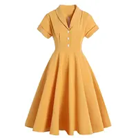 Gaun Vintage 1950S 60S Gaun Kemeja Retro Ukuran Plus Katun Bunga Wanita Gaun Ayun Rockabilly Padat Vestidos Kuning