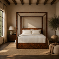 Ensemble de meubles de chambre à coucher Mappa Burl, lit à baldaquin et commode artisanaux, pour aménagement intérieur de villa de luxe, pièce maîtresse essentielle