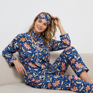 Conjunto de Pijama de Algodón Orgánico 100% con Estampado Floral para Mujer, Manga Larga, Cuello Camisero, Largo Completo, Clásico, de Lujo, de Secado Rápido - Product Image 1