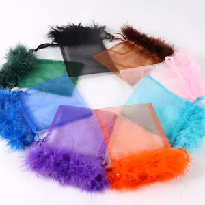 11*14CM Wholesale In Stock Feather Organza Bag Organza Drawstring Pouches Candy Pouch Jewelry Mesh Gift Fur Organza Bag 2021 New