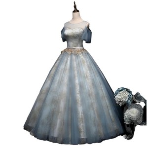 Light Blue Off The Shoulder Ball Gown Evening Dress With Floral Print Empire Waistline Organza Fabric For Adult Women - Product Image 5
