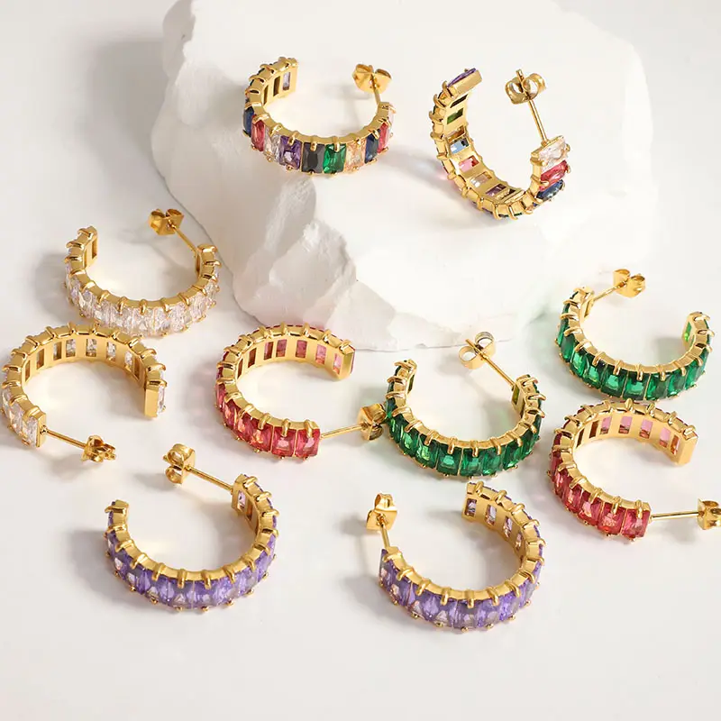 New Trendy Waterproof Jewelry Wholesale 18K Gold Plated Stainless Steel Rainbow Zircon Cubic Zirconia Stud Hoop Earrings