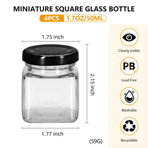 Bocaux carrés en verre transparent pour miel, confiture, sauce, avec couvercle métallique, 50 ml, 80 ml, 100 ml, 200 ml, 280 ml, 380 ml, 500 ml, 730 ml - Product Image 2