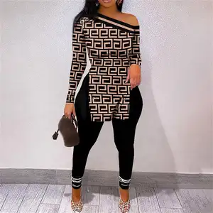 European and American hot selling women's clothing autumn and winter pattern brand printed split hem long sleeved trousers suit