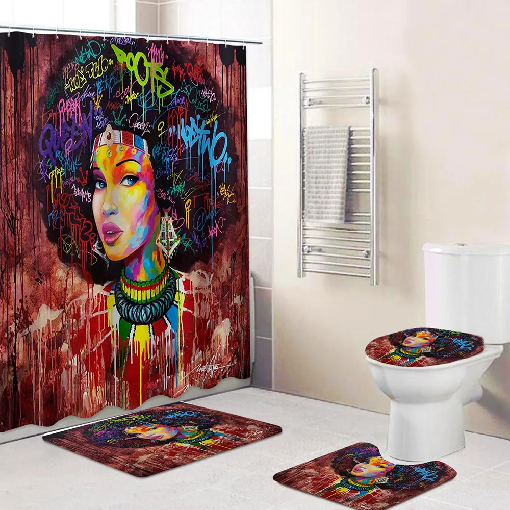 Juego de baño abstracto creativo, cortina de ducha colorida para mujer africana con alfombrillas de baño, novedad