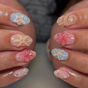 30 <span class=keywords><strong>faux</strong></span> ongles 3D en forme d'amande avec motifs coquillages et étoiles <span class=keywords><strong>de</strong></span> mer - Product Image 1