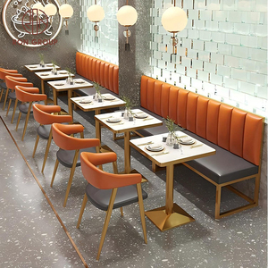 Conjunto de muebles de restaurante comercial Silla de cuero naranja con costuras verticales y mesa cuadrada con sofá para cafetería - Product Image 3
