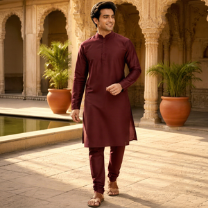 <b>Men</b> Maroon Silk <b>Kurta</b> Pajama Set Mandarin Collar Ethnic Party Wear Shirt Wholesale Traditional Festive Tunic Top Custom - Product Image 1