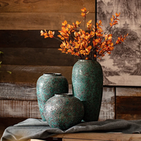 Set Vas Keramik Glaze Crackle Buatan Tangan Warna Hijau Vintage Tekstur Terkemukakan, Stoples Tembikar Mulut Lebar untuk Dekorasi Meja Gaya Farmhouse dengan Bunga Kering