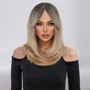 Perruque longue et droite de 18 pouces, couleurs dorées dégradées, avec <span class=keywords><strong>frange</strong></span> rideau, pour femmes – Meilleure vente - Product Image 1