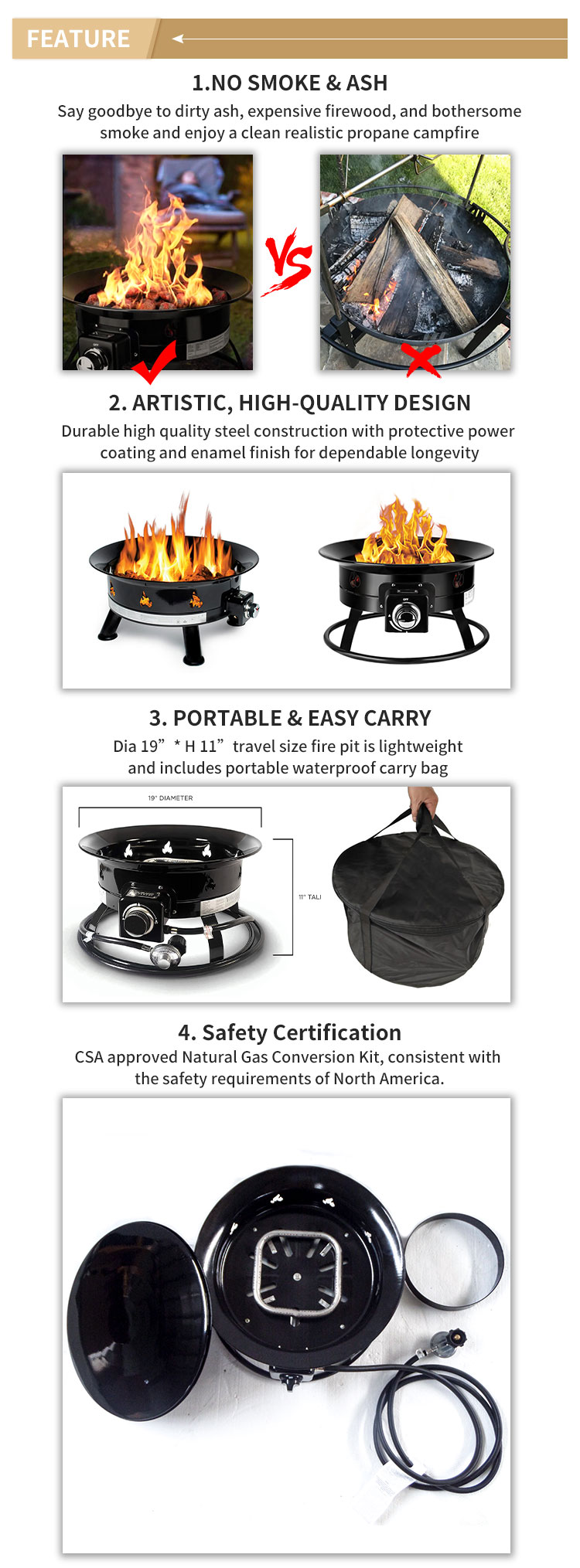 Outdoor Camping Carbon Portable Propane Gas Fire Pit With Cover & Carry Kit