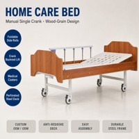 Lit d'hôpital à manivelle simple avec panneaux imitation bois, barre latérale en aluminium rabattable, dossier inclinable de 0 à 70 degrés, pour soins à domicile