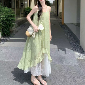 French Style Summer Green Spaghetti Strap Irregular Dress Vacation Casual Wear Solid Color Patchwork Design - Product Image 5