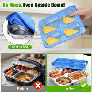 Contenitore porta pranzo in acciaio inossidabile a tenuta stagna, bento box in metallo con 4 scomparti, contenitori per alimenti da asporto con coperchi per bambini e adulti - Product Image 3