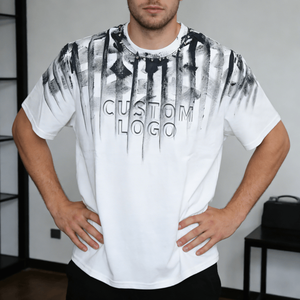 Camiseta Casual Personalizada de Gran Gramaje con Lavado Ácido y Estampado Desgastado, Unisex Oversize con Patrón Rasgado, Poliéster/Algodón Vintage - Product Image 1