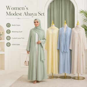 Custom Logo 2026 Nida Floral Lace Open <strong>Abaya</strong> Set with Hijab Elegant Muslim Cardigan Women Islamic Clothing OEM Factory - Product Image 1
