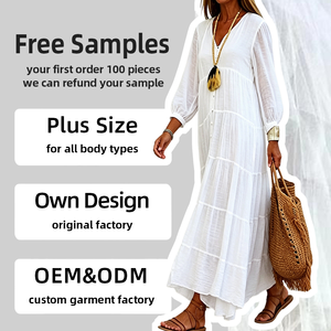 Abito <span class=keywords><strong>Lungo</strong></span> a Strati <span class=keywords><strong>Bianco</strong></span> Personalizzato OEM per Donna, Scollo a V, Maniche Lunghe, Stile Boho, Casual, Fluido, per Vacanze al Mare e Resort Estivi - Product Image 1