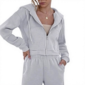 Ensemble de survêtement tendance pour femme, 2 pièces, sweat à capuche court zippé et pantalon de survêtement, 100% coton, 320 GSM, molleton brossé à l'intérieur, directement de l'usine - Product Image 6