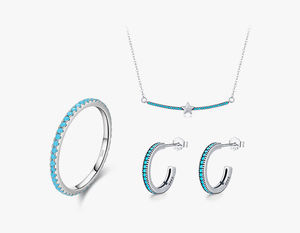 Ensemble de bijoux délicats en argent sterling 925 avec turquoise synthétique, comprenant un collier étoile, des boucles d'oreilles créoles et une bague, 3 pièces pour femmes - Product Image 1