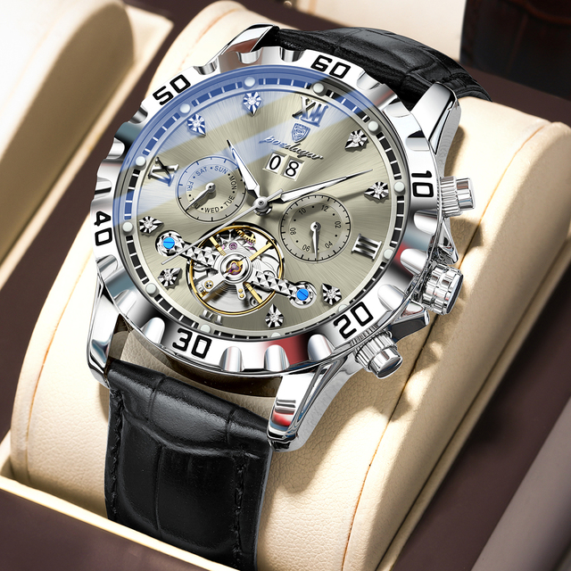 Poedagar 1418 Luxury Automatic Men Wristwatch Leather Hollow Tourbillon Mechanical Watch