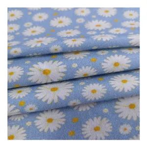 High Elastic Light Blue Daisy Pattern Garment Knitted Digital Printed Organic Bamboo Cotton Fabric