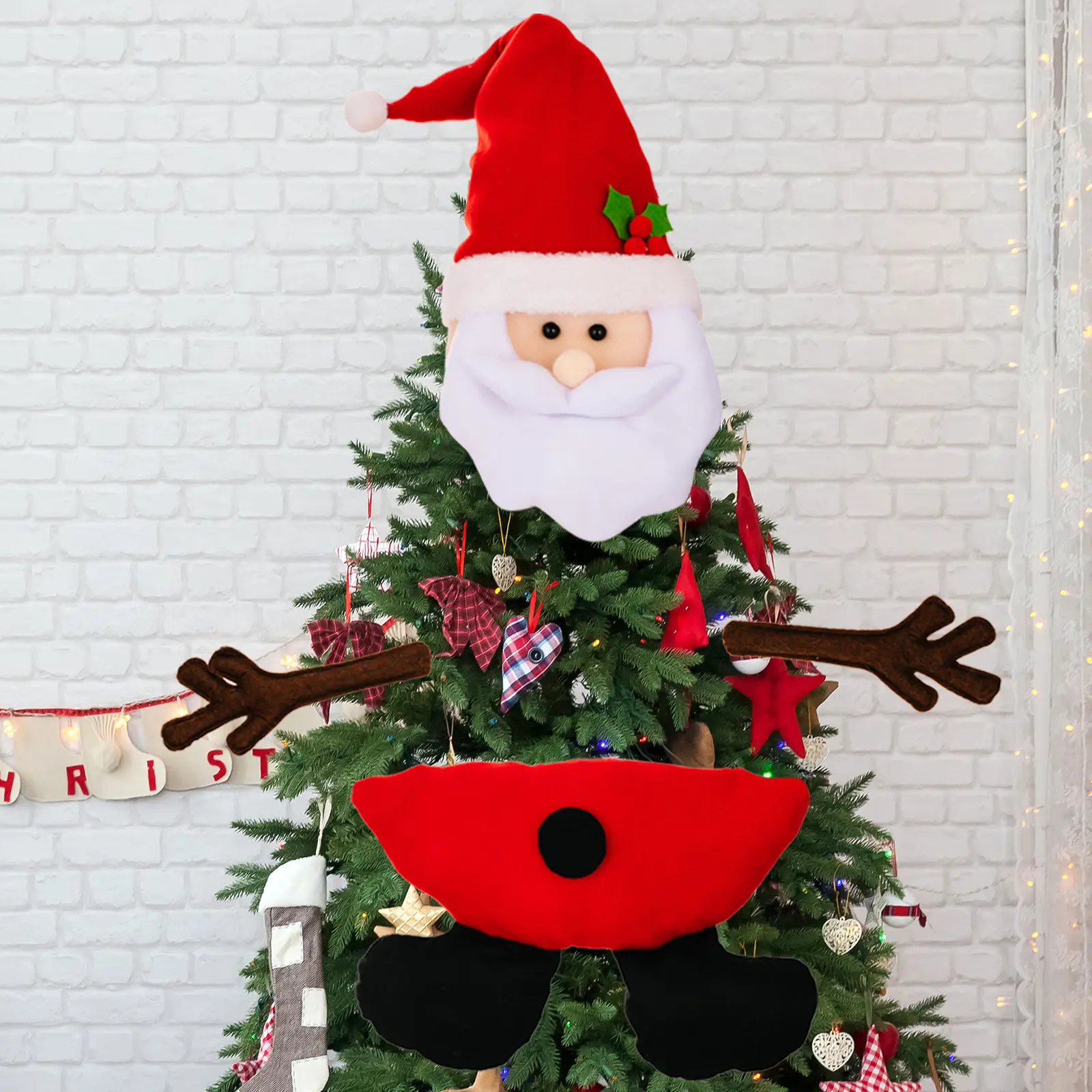 Christmas Tree Topper Santa Snowman with Top Hat Scarf Hugger for Christmas Holiday Winter Home Decoration Ornament Supplies