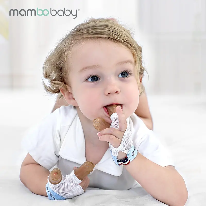 mambobaby anti-nail biting gloves with silicone finger cots stop the thumb nail teether sucking habit Teething Mitten baby kid